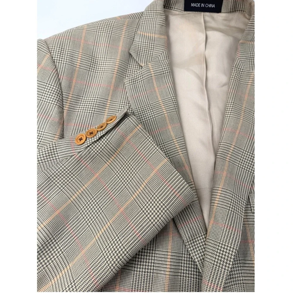 M Julian Mens 100% Silk Blazer 40R Olive Plaid Sport Coat 2 Button Jacket